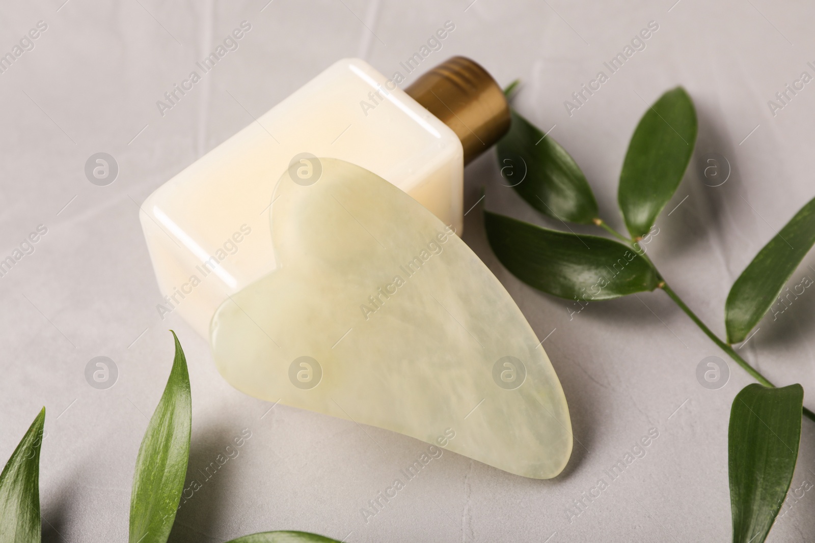 Photo of Jade gua sha tool, cosmetic product and green branches on grey table