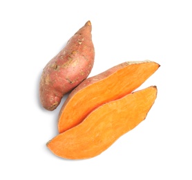 Photo of Fresh ripe sweet potatoes on white background, top view