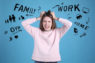 Stressed young woman, text and drawings on blue background