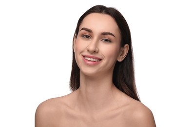 Portrait of attractive young woman on white background