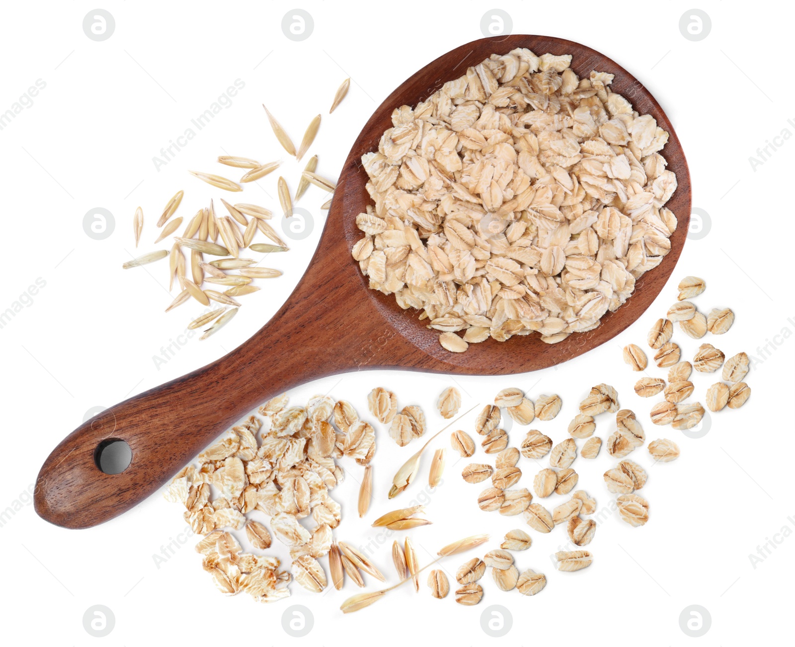 Image of Uncooked oatmeal and wooden spoon on white background, top view