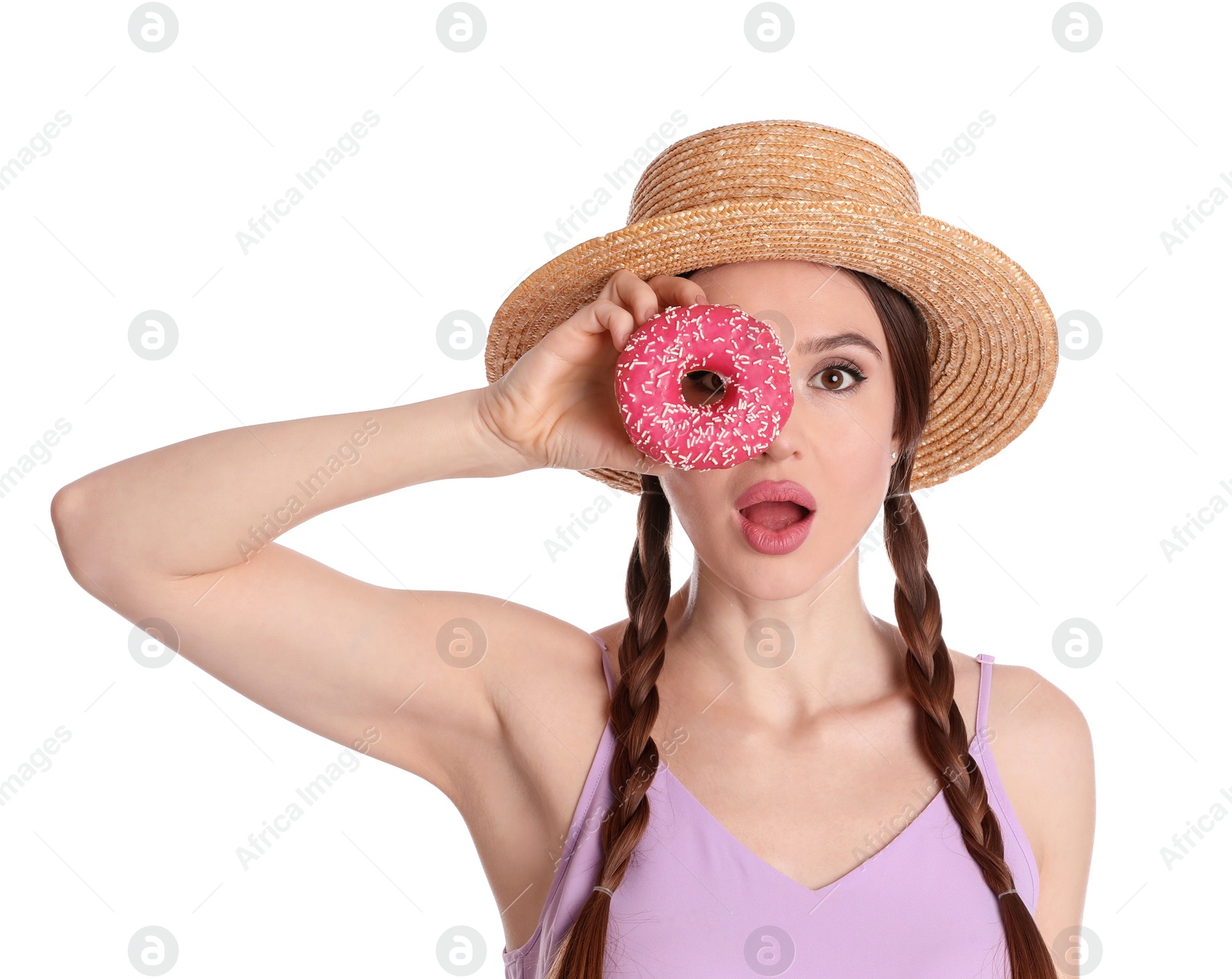 Photo of Beautiful young woman wearing stylish hat with donut on white background