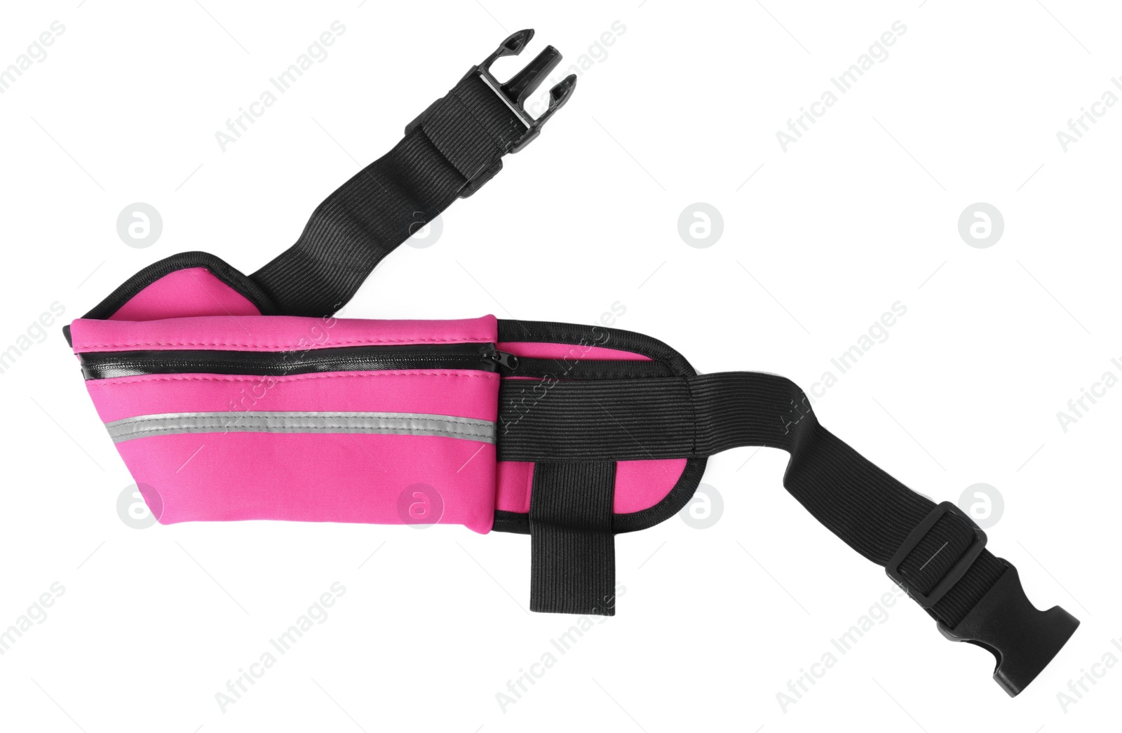 Photo of Stylish pink waist bag on white background, top view