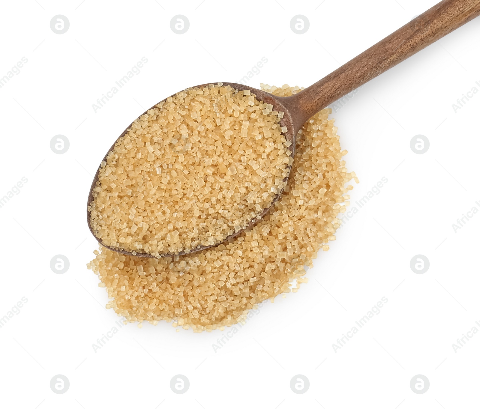 Photo of Pile of brown sugar and wooden spoon isolated on white, top view