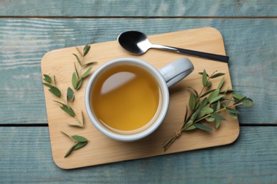 Photo of Cup of aromatic eucalyptus tea on light blue wooden table, top view