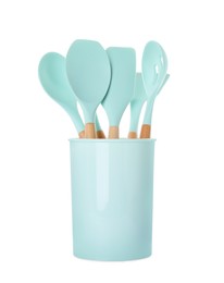 Photo of Set of turquoise kitchen utensils in holder isolated on white