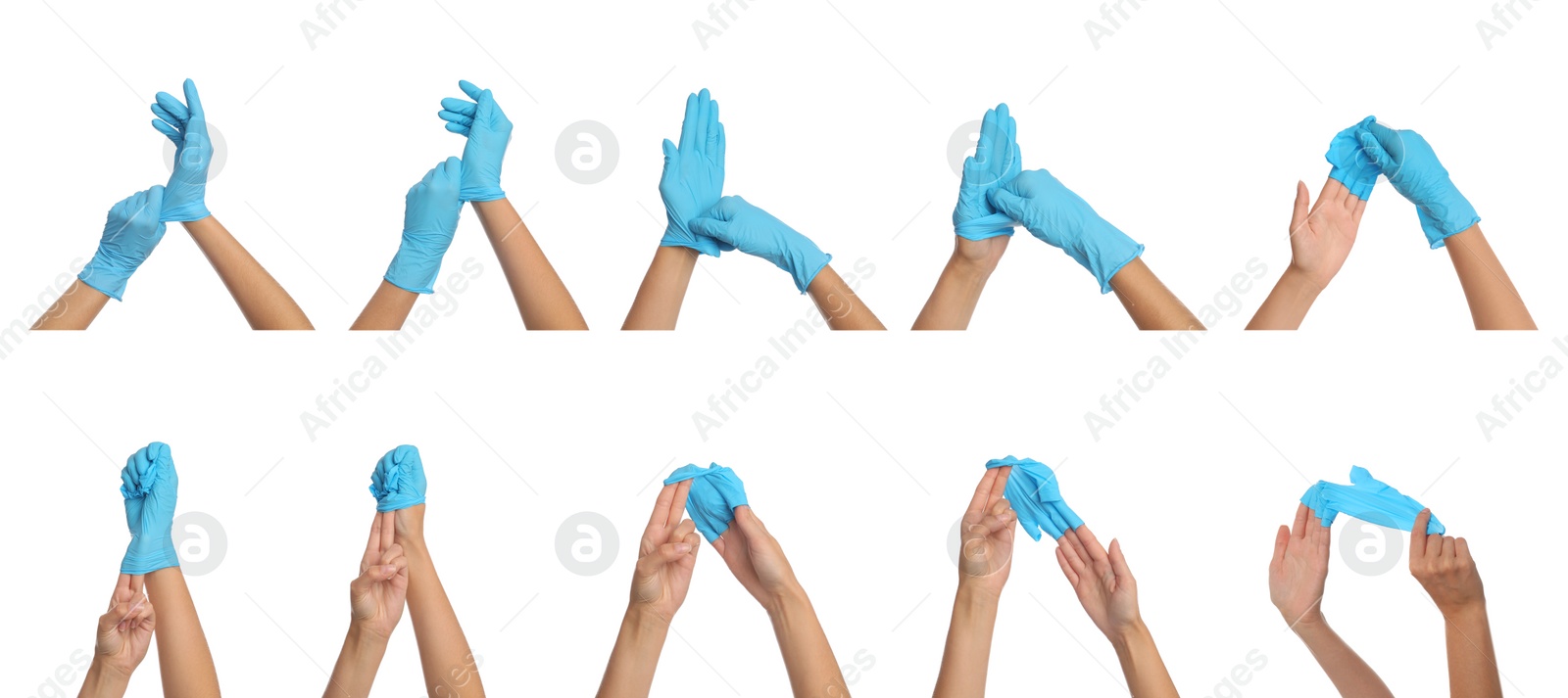 Image of Right way to take off medical gloves, banner design. Collage with photos of woman showing process on white background, closeup