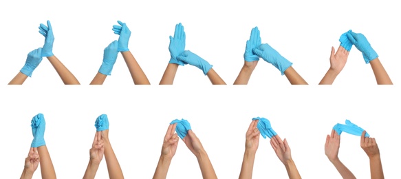Image of Right way to take off medical gloves, banner design. Collage with photos of woman showing process on white background, closeup