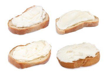 Image of Toasted bread with tasty cream cheese on white background, collage