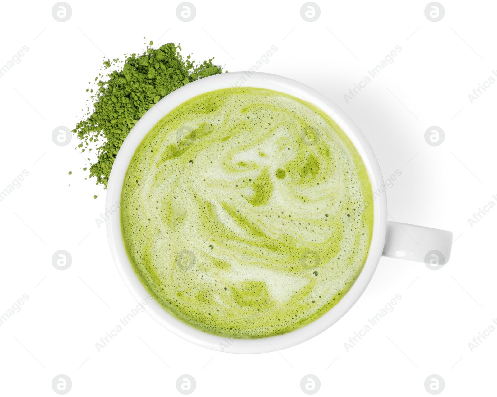 Photo of Cup of fresh matcha latte and green powder isolated on white, top view