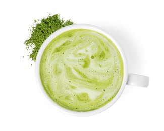 Cup of fresh matcha latte and green powder isolated on white, top view