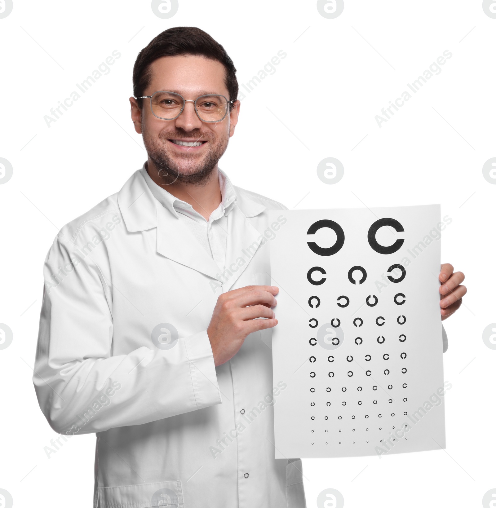 Photo of Ophthalmologist with vision test chart on white background