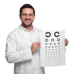 Photo of Ophthalmologist with vision test chart on white background