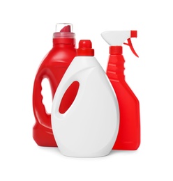 Bottles of different cleaning products on white background