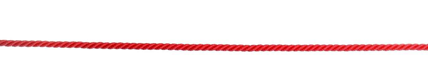 Photo of Strong red climbing rope on white background