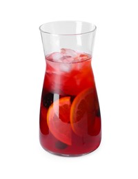 Photo of Glass jug of delicious sangria isolated on white