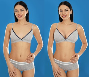 Collage with photos of young woman before and after breast size correction on blue background 