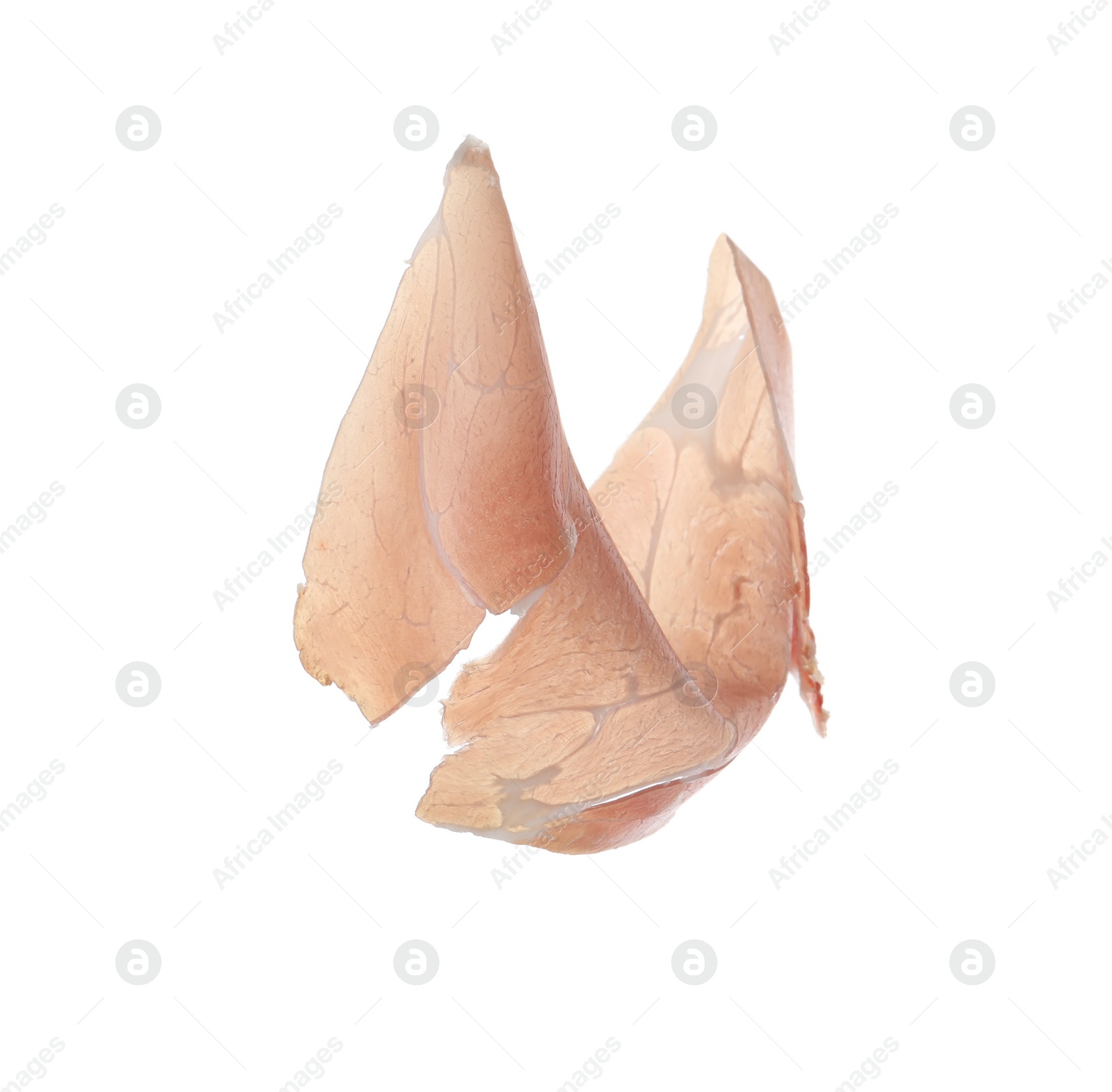 Photo of Slice of tasty prosciutto isolated on white