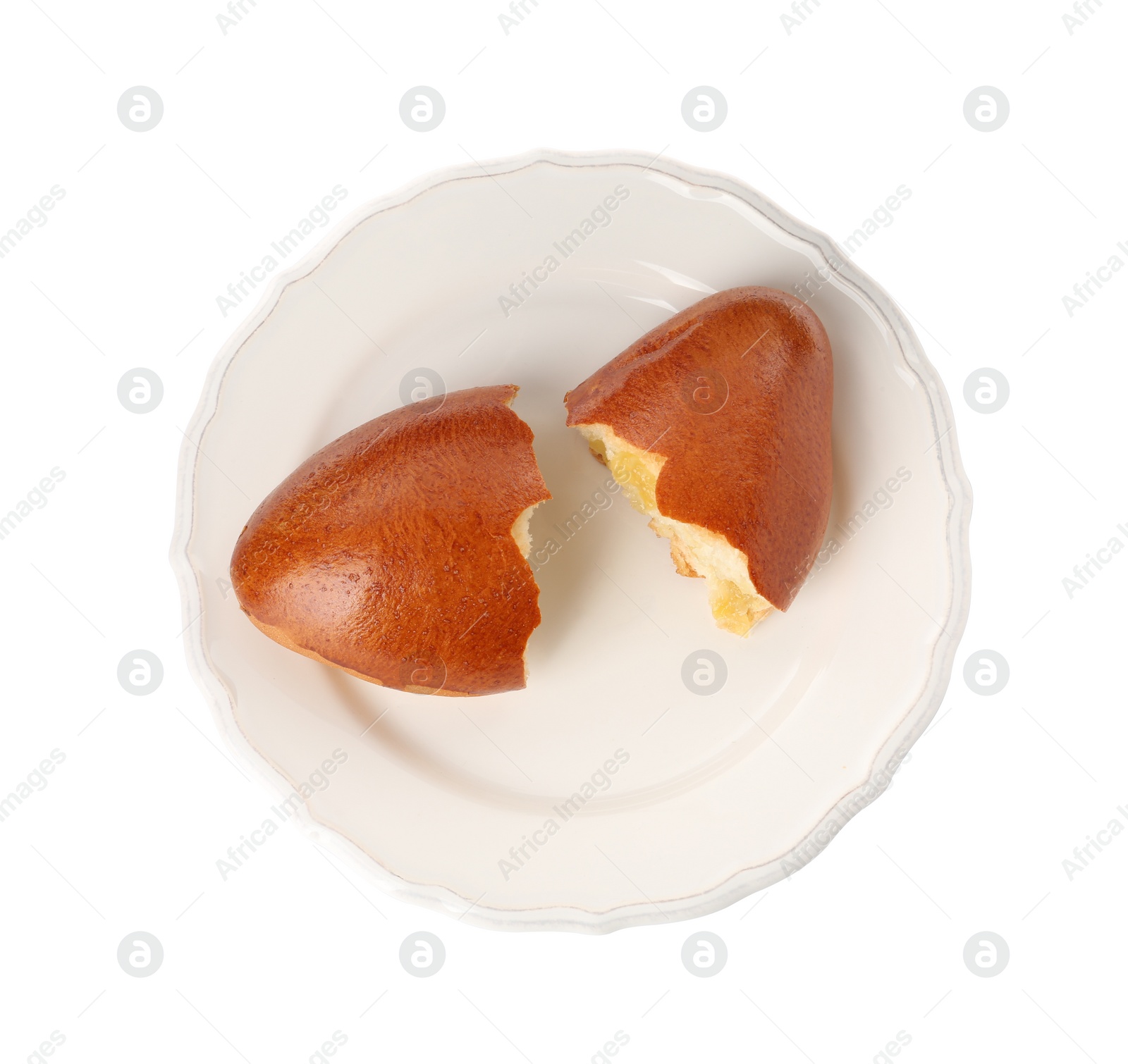 Photo of Delicious baked patty with apple on white background, top view