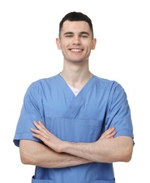 Portrait of smiling medical assistant with crossed arms on white background