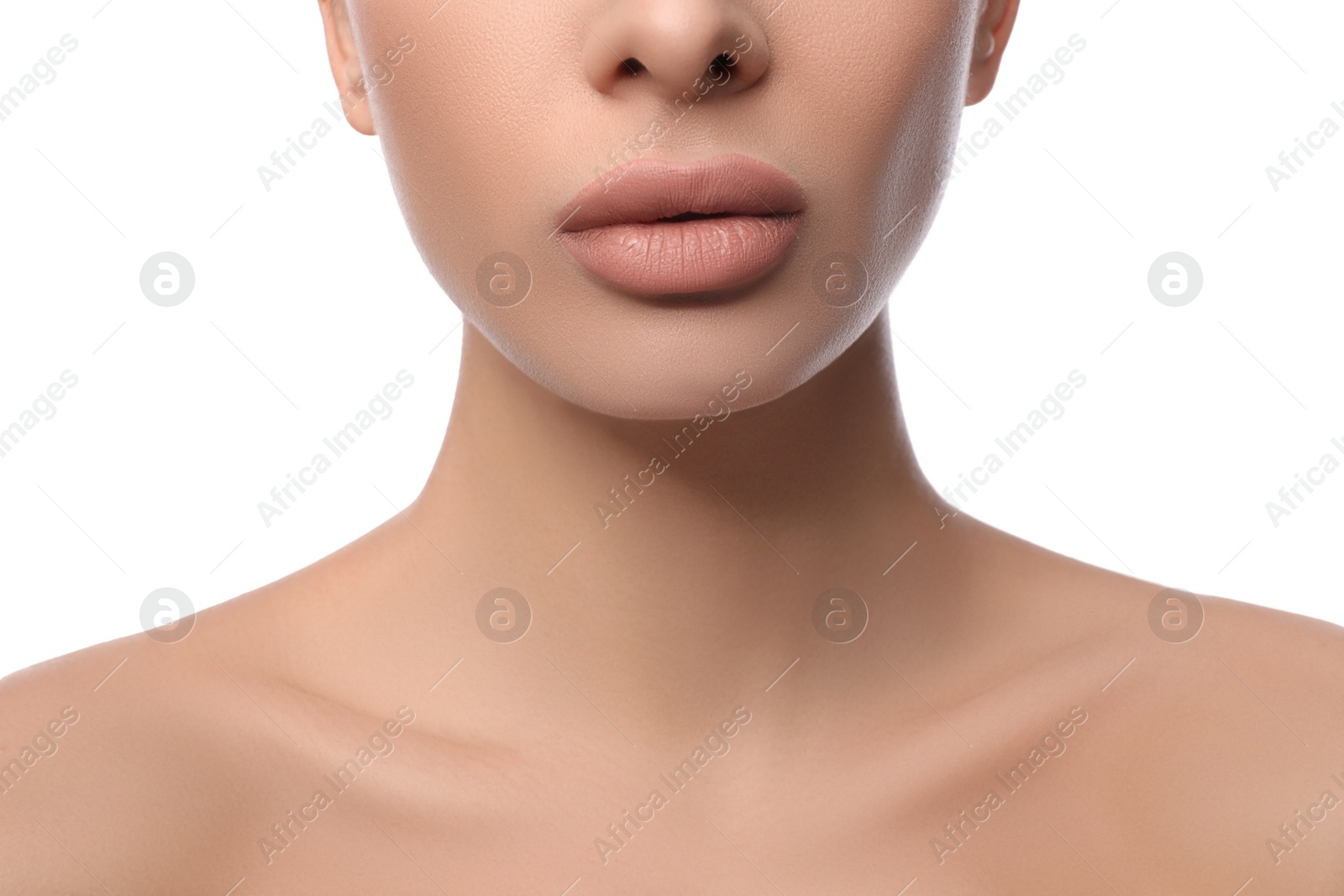 Photo of Woman with pink lipstick on white background, closeup