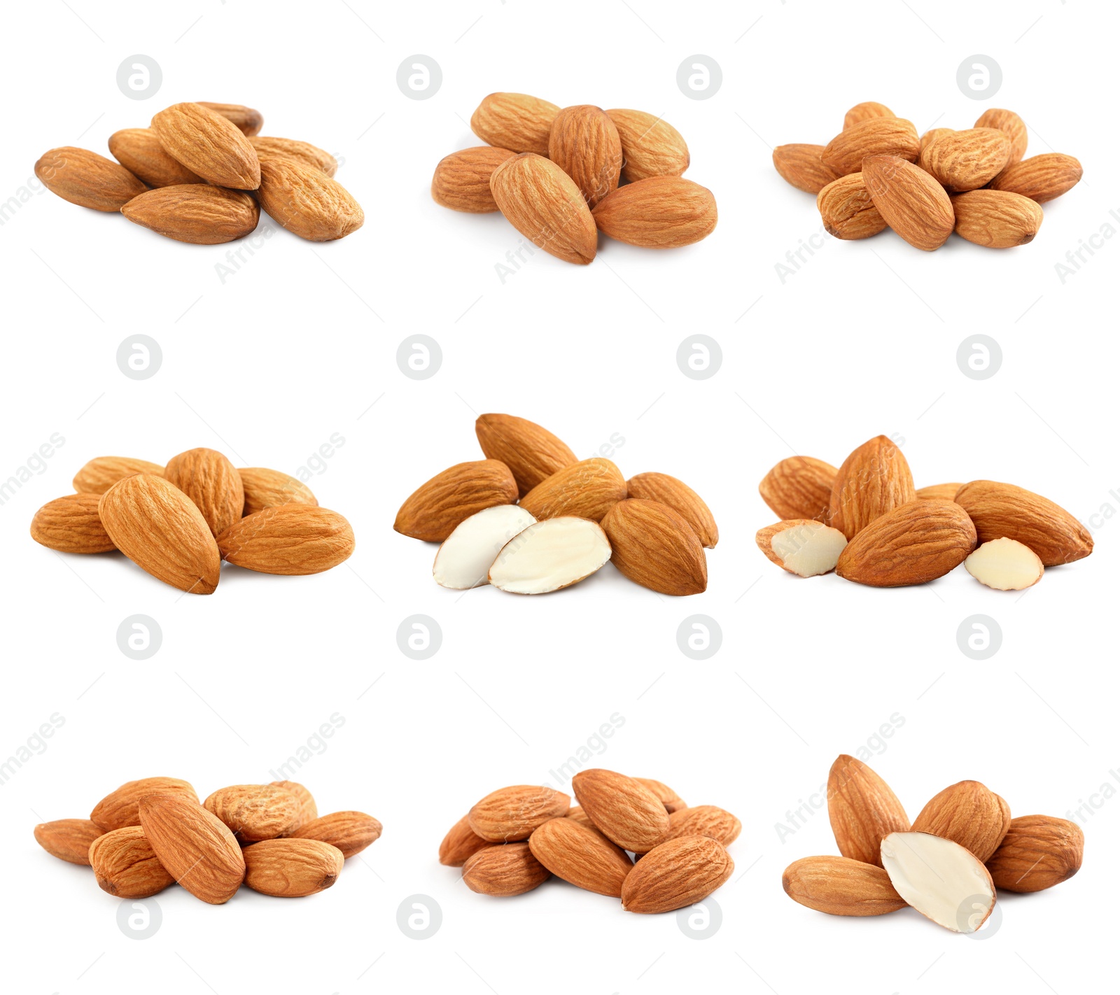 Image of Set with tasty almond nuts on white background 