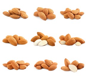 Image of Set with tasty almond nuts on white background 