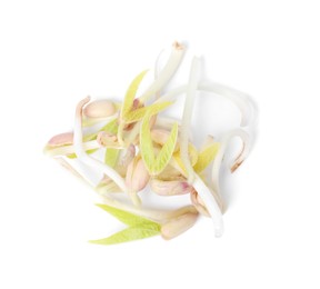 Photo of Heap of mung bean sprouts isolated on white, top view