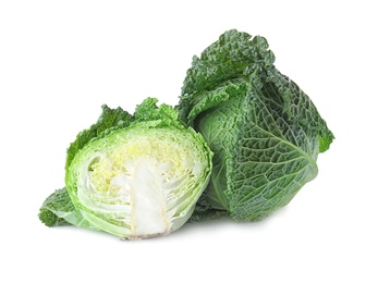 Photo of Fresh green savoy cabbages on white background