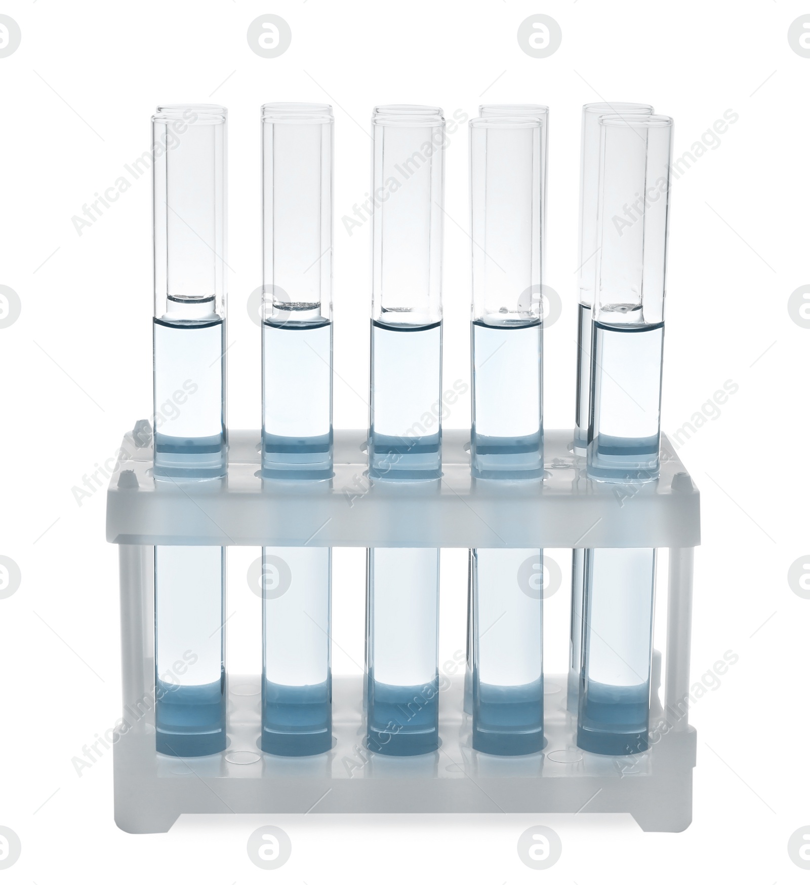 Image of Test tubes with light blue liquid in rack isolated on white