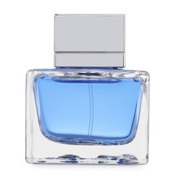 Photo of Blue men perfume in glass bottle isolated on white