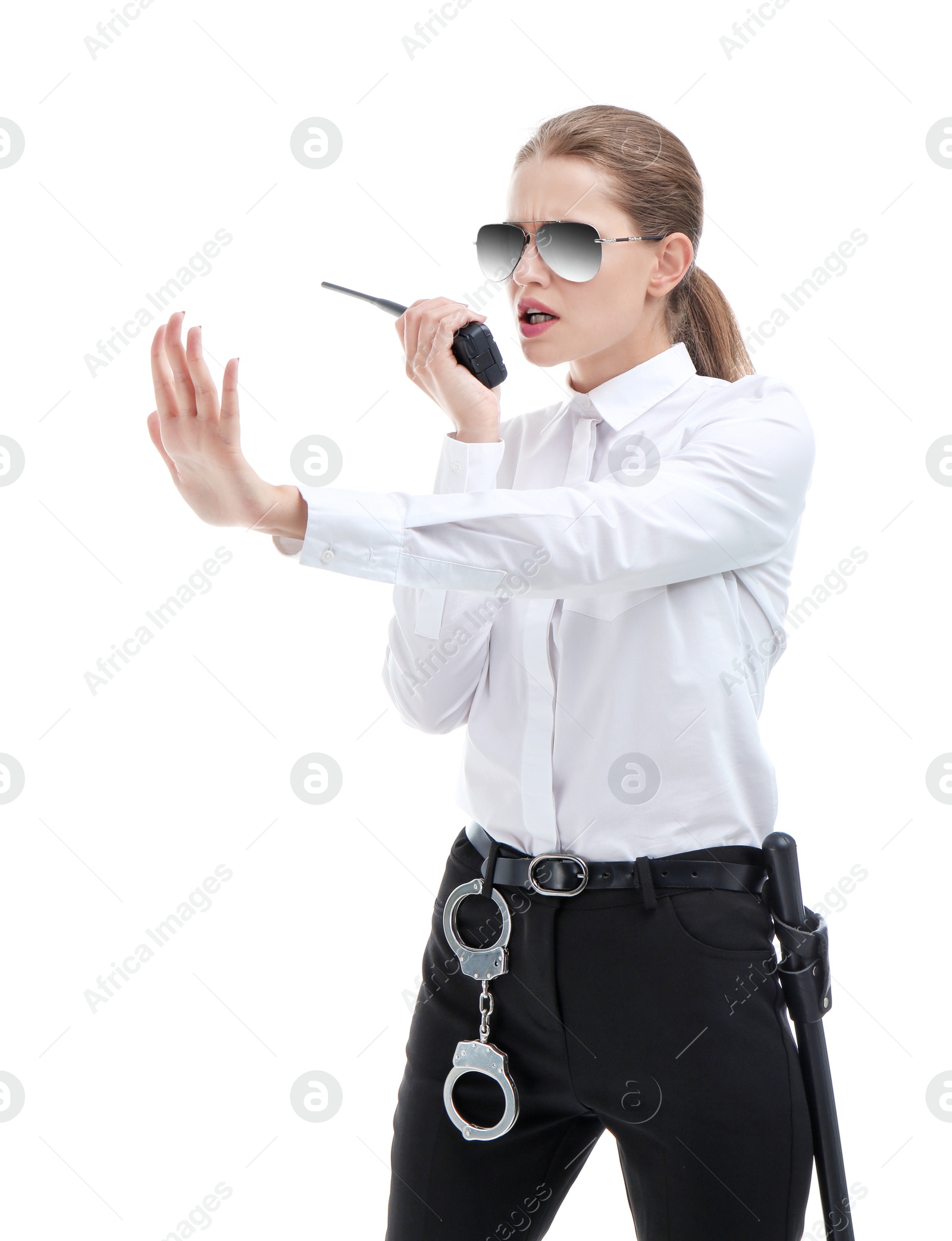 Photo of Female security guard using portable radio transmitter on white background