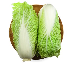 Photo of Fresh tasty Chinese cabbages and wooden board on white background, top view