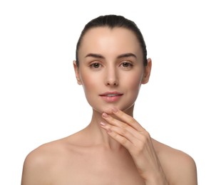 Portrait of beautiful young woman on white background