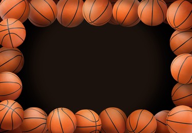 Image of Frame made of basketball balls on dark background. Space for text