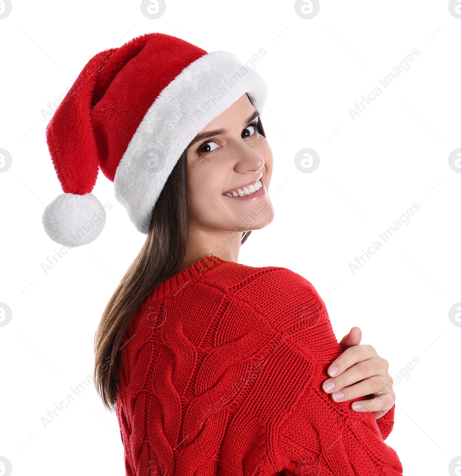 Photo of Pretty woman in Santa hat and red sweater on white background