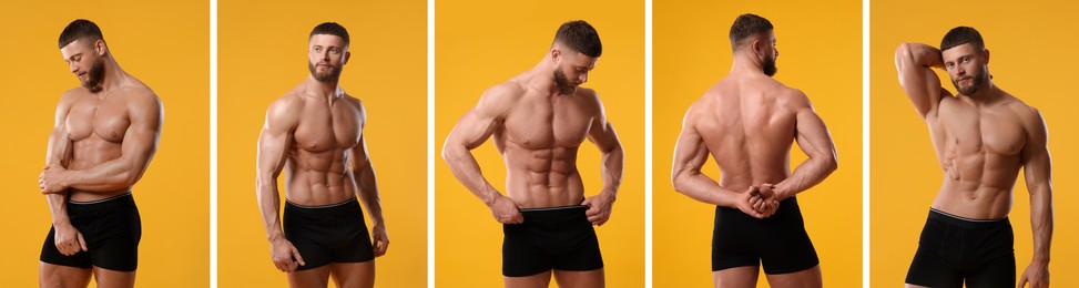 Image of Muscular man in stylish black underwear on yellow background, collection of photos