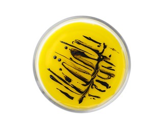 Photo of Petri dish with bacteria colony isolated on white, top view