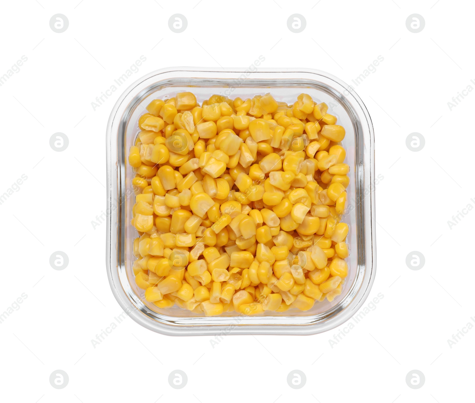 Photo of Glass container with tasty corn kernels isolated on white, top view