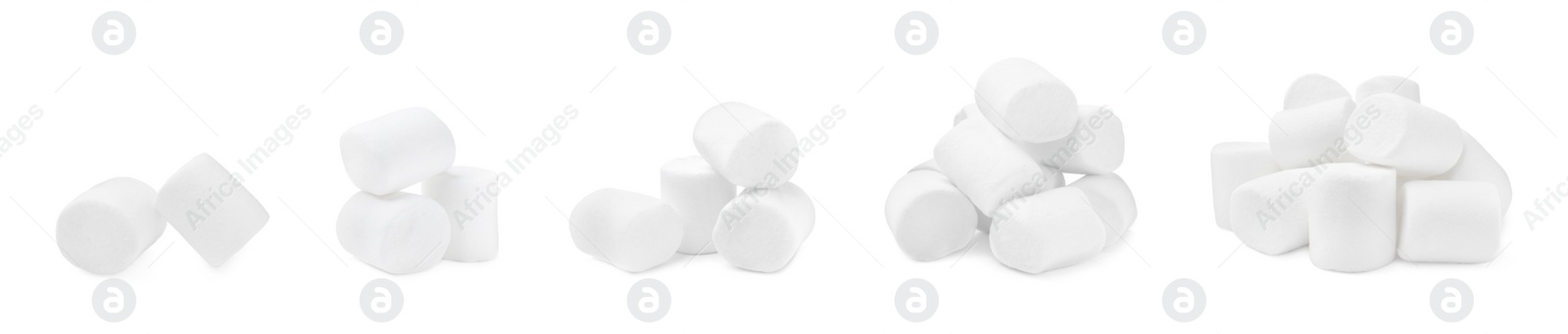 Image of Set with delicious sweet puffy marshmallows on white background. Banner design