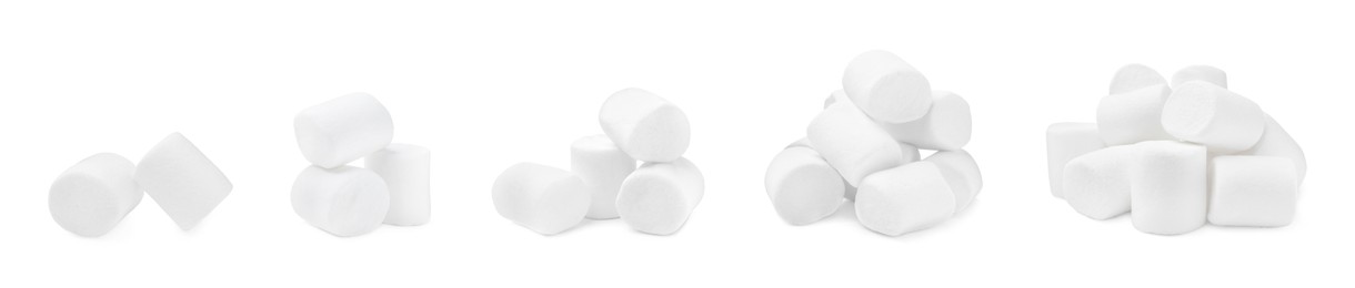 Set with delicious sweet puffy marshmallows on white background. Banner design