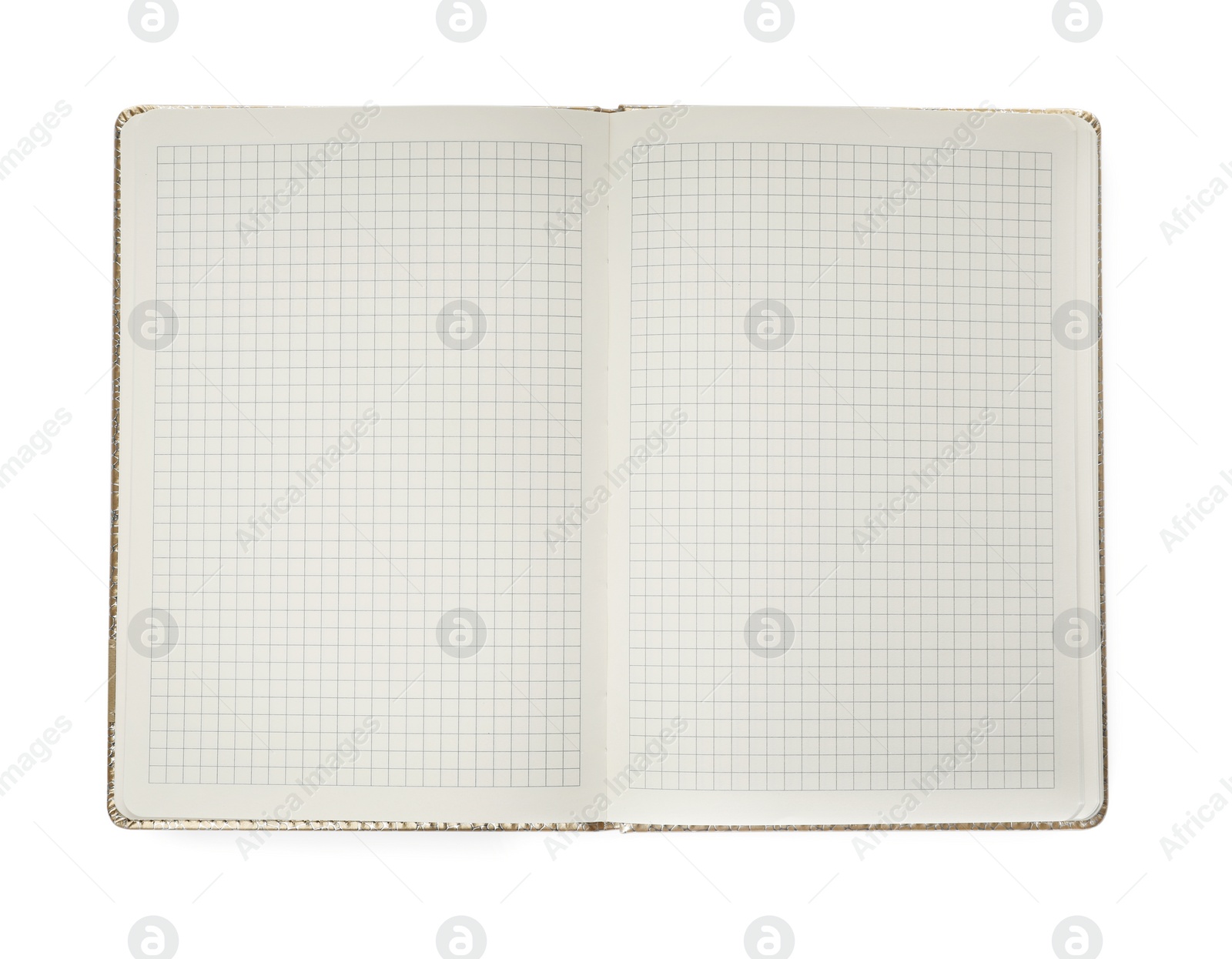 Photo of Stylish open notebook with blank sheets isolated on white, top view