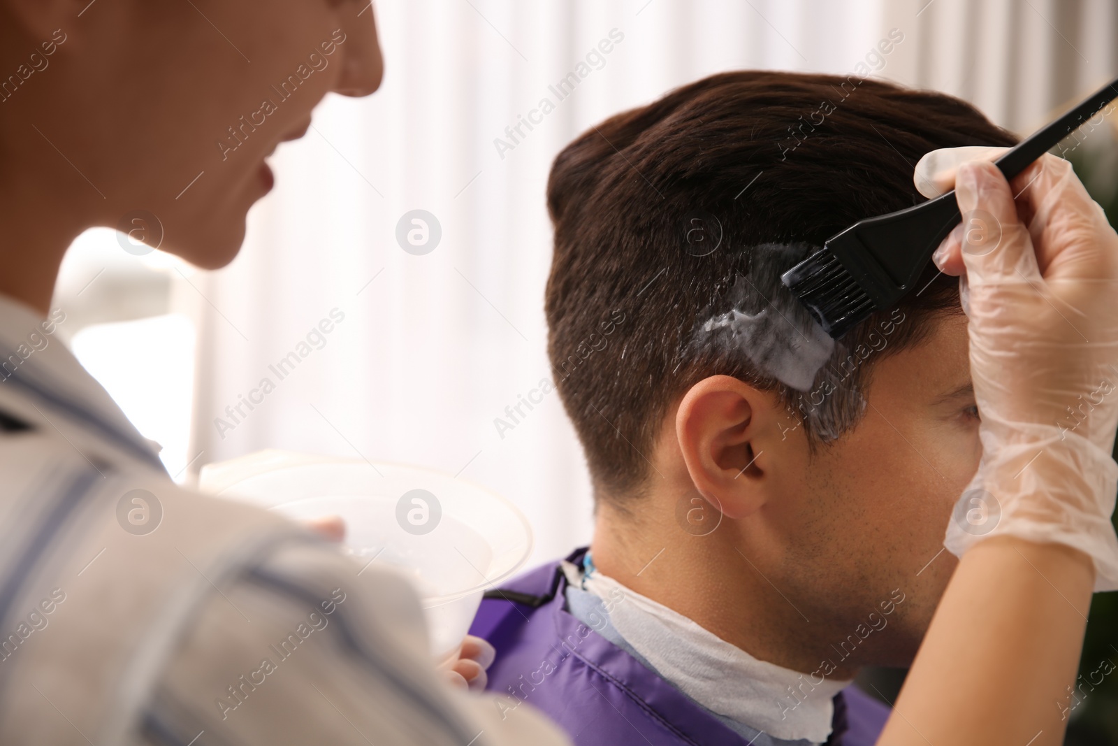 Photo of Professional hairdresser dying hair in beauty salon, closeup