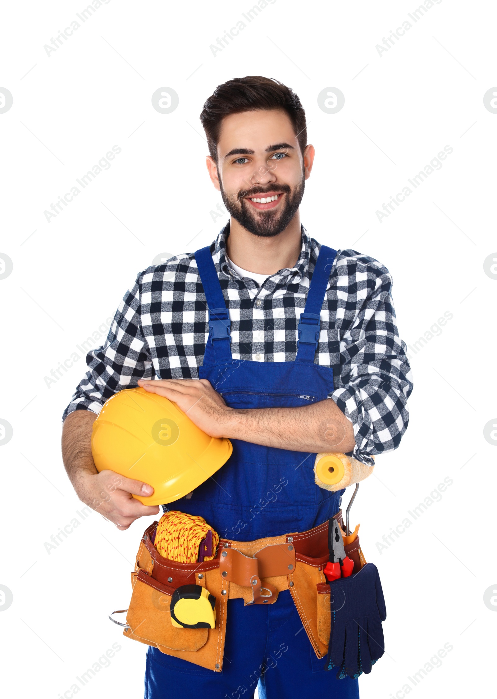 Photo of Portrait of construction worker with tool belt on white background