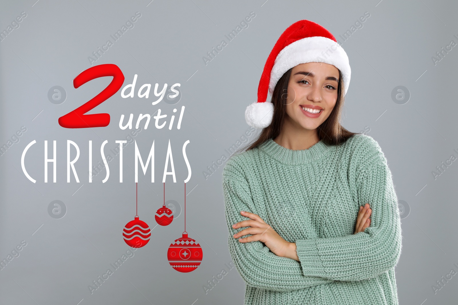 Image of Christmas countdown. Happy woman wearing Santa hat on light grey background near text