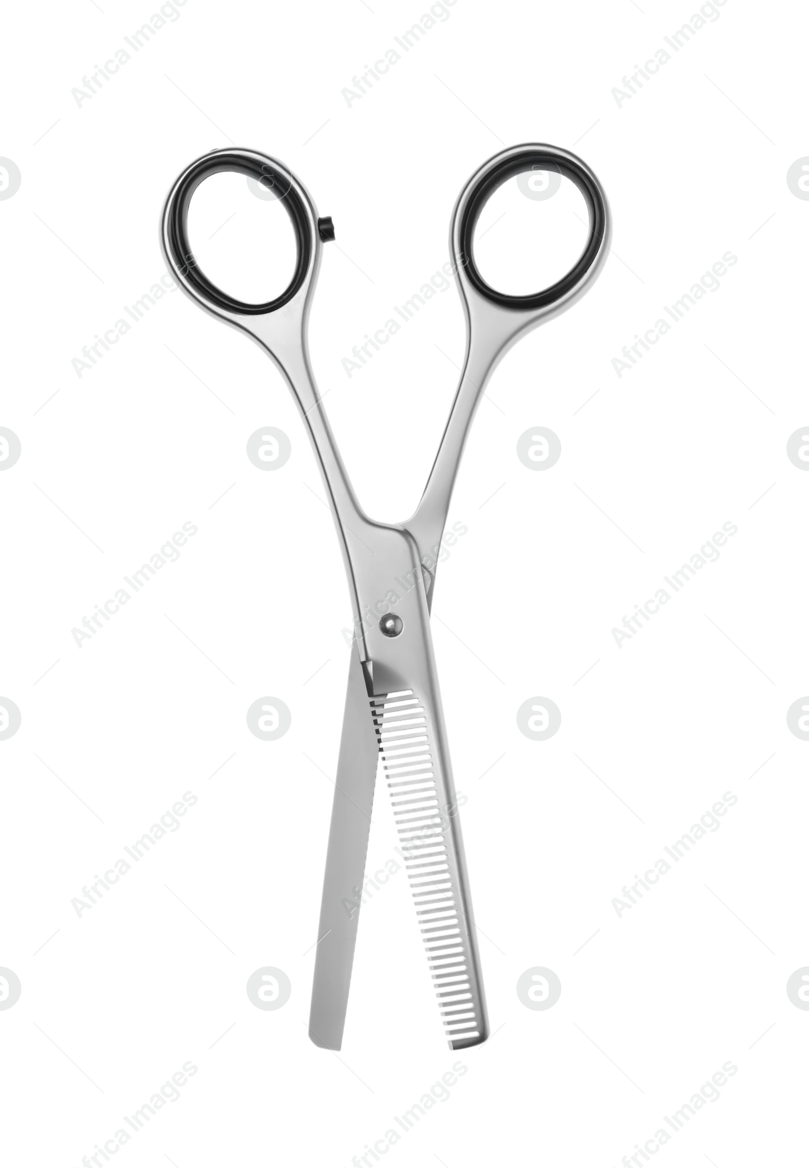Photo of Professional hairdresser thinning scissors isolated on white. Haircut tool