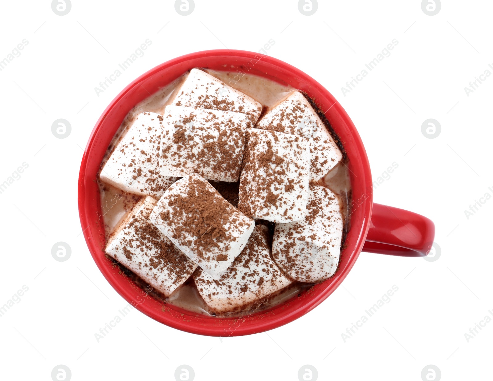 Photo of Delicious cocoa drink with marshmallows isolated on white, top view