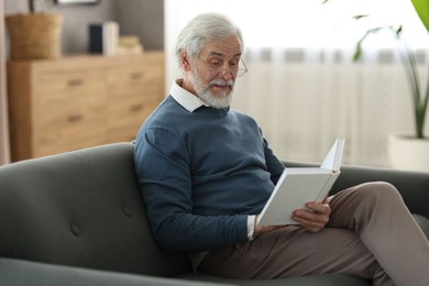 Portrait of happy grandpa reading book on sofa indoors