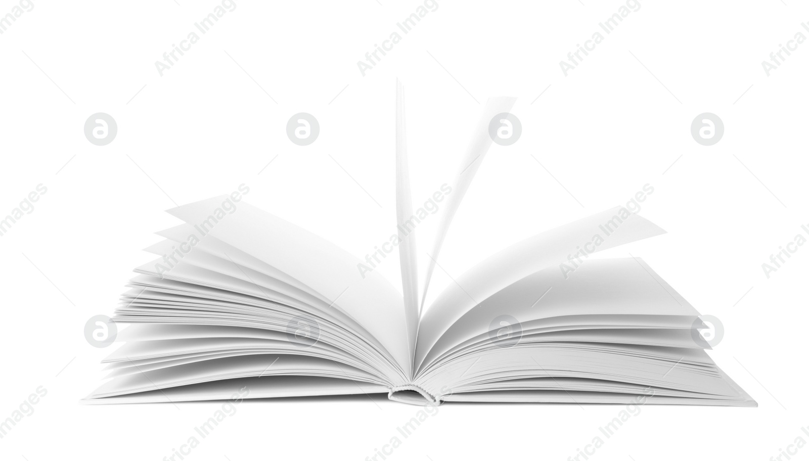 Photo of Open book with hard cover on white background