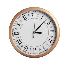 Stylish round clock isolated on white. Interior element